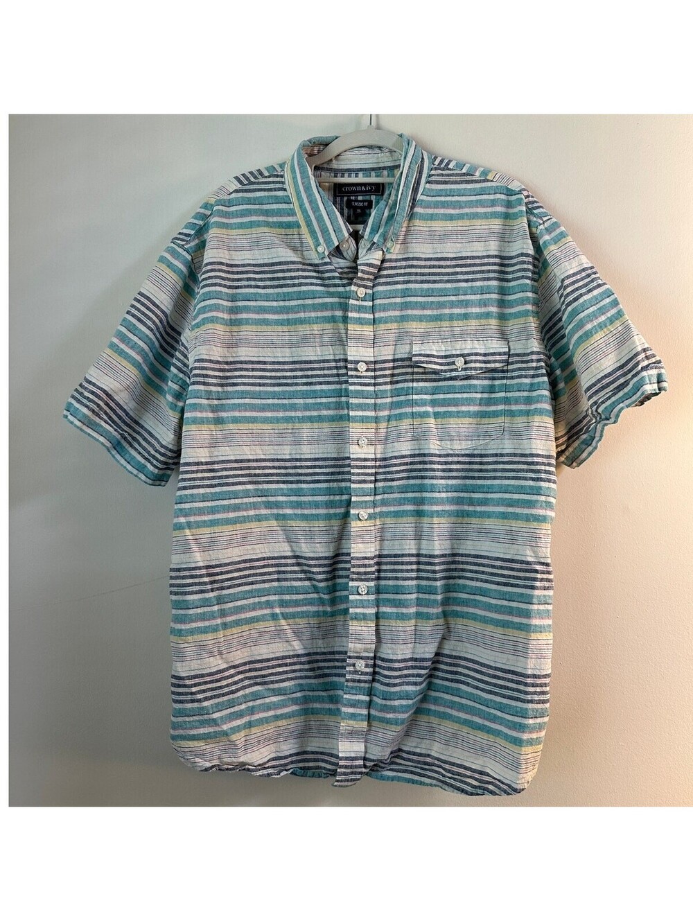 Crown & Ivy Mens XL Linen Cotton Striped Short Sleeve Button Down Shirt